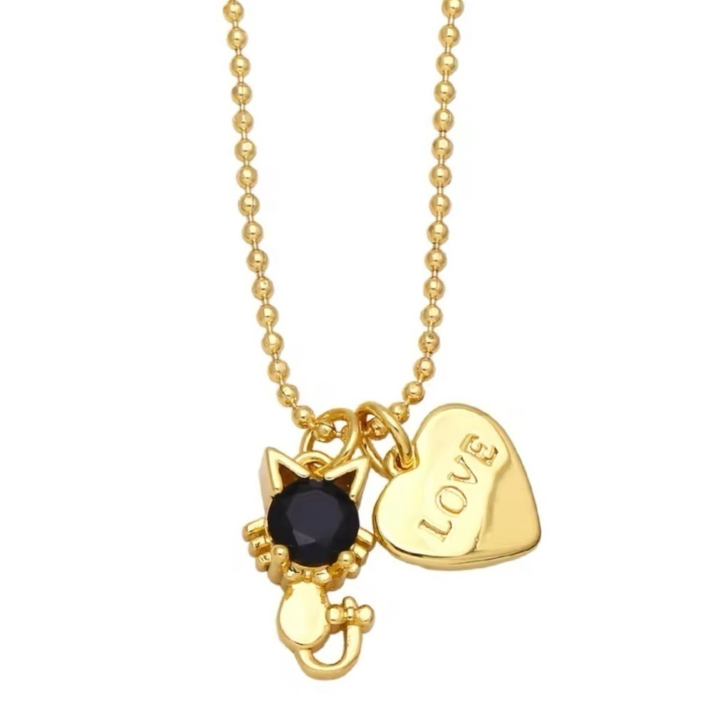 18K Gold Plated Cat & Heart “Love”Pendant Necklace With Black Gemstone Accent